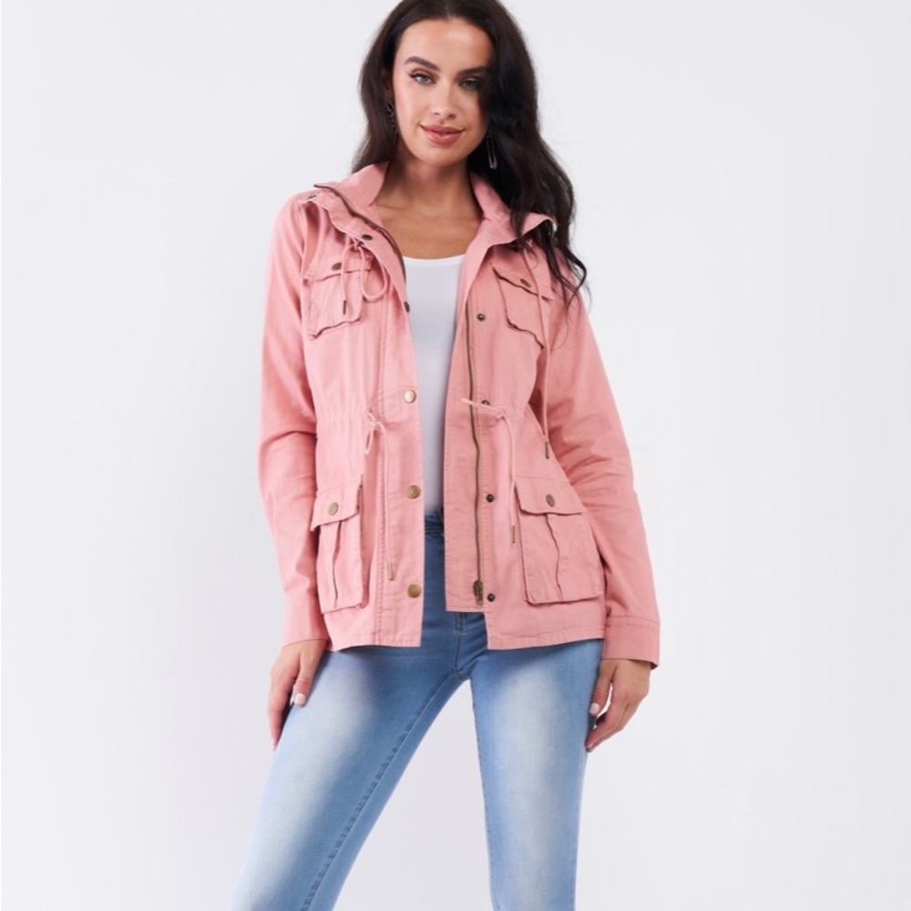 Washed Blush Pink Cotton Front Zip-Up & Button Down